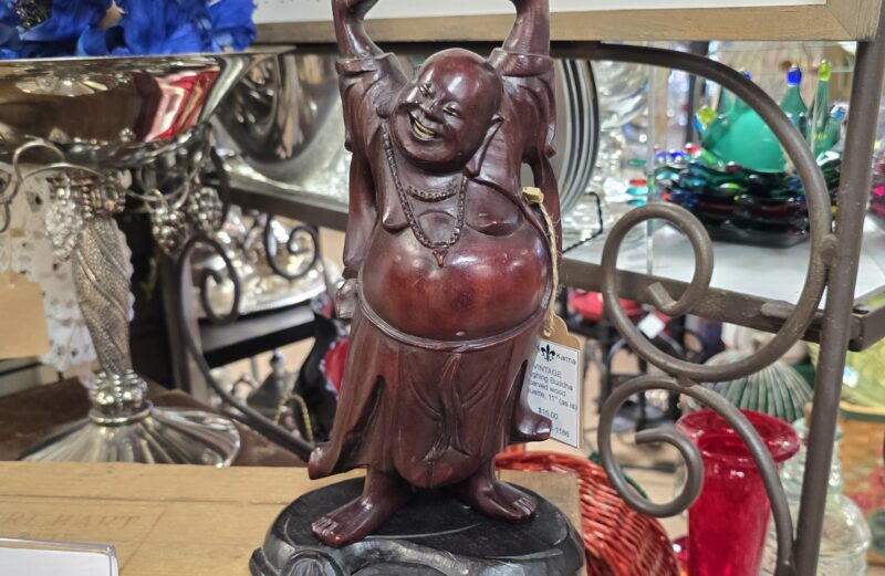 Vintage Laughing Buddha – Craved Wood Statuette – 11″(As Is) – #1186