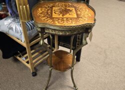 Vintage Possibly Antique Two-Tier Inlaid Wood and Brass Table – #1200