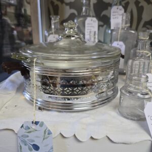 Pyrex(1920's) Casserole with Etched Floral Lid Server - Chrome Holder with Bakelite Handles