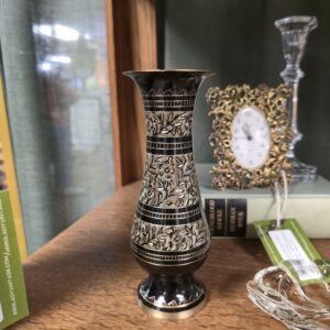 Vintage Brass Vase with Black Enamel and Etched Floral Design - #1239