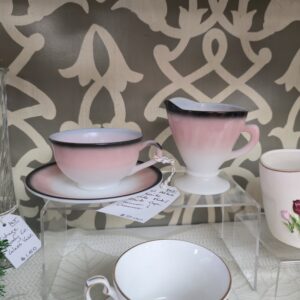 Hazel Atlas Platonite Ouide Pink/Black Cup Sauce and Creamer